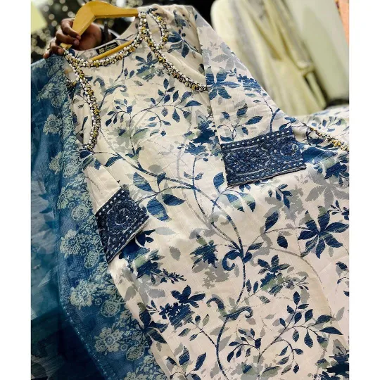 Pakistani Original Cotton Lawn Embroidered Stitched 3Pcs _ Beige 